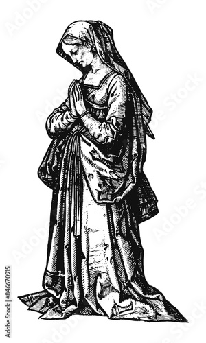 Woodcut illustration of a holy woman. Vintage grunge vector design element for artworks, poster, cards, web and collages.