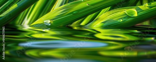 Close-up view of lush green leaves with water droplets reflecting on a calm surface, symbolizing freshness and tranquility in nature.