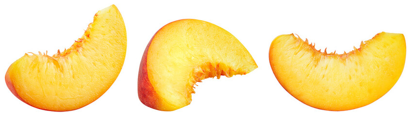 Peach slice isolated. Peach slices collection on white background. Peach pieces set with clipping path. Full depth of field.