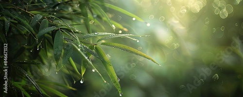 Close-up of dewy green bamboo leaves illuminated by soft sunlight in a serene and tranquil natural setting.