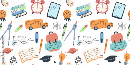 Back to school seamless pattern in modern design. Pattern with school supplies in simple flat style. Vector illustration.
