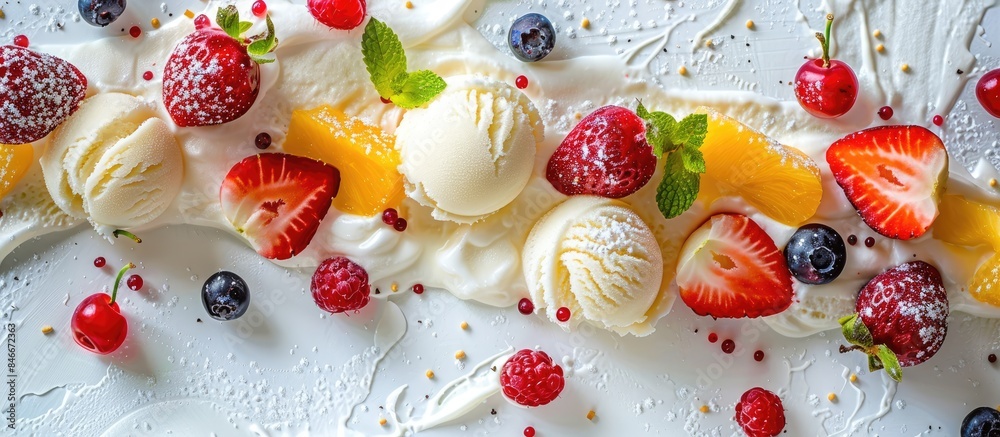 View from above of melted fruit and vanilla ice cream View from above of melted fruit and vanilla ice cream