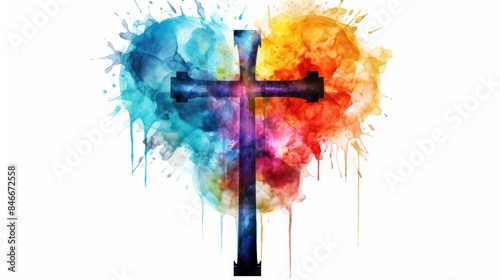 Black Christian Cross in Colorful Watercolor Heart