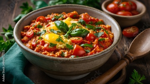 Menemen - A traditional Turkish breakfast dish made with scrambled eggs, tomatoes, green peppers, and spices.