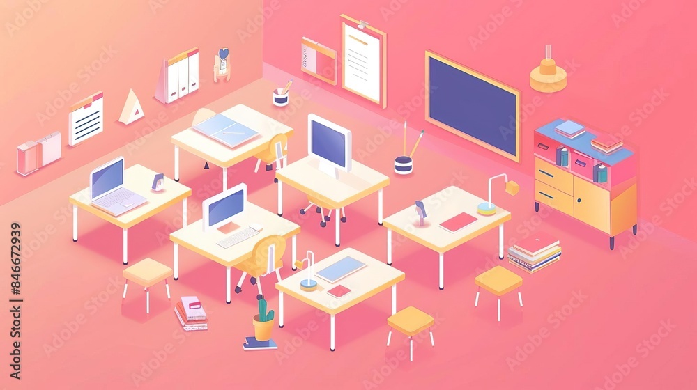 Isometric illustration of a modern classroom with desks, chairs, computers and a blackboard. Isometric illustration of a modern classroom with desks, chairs, computers and a blackboard.