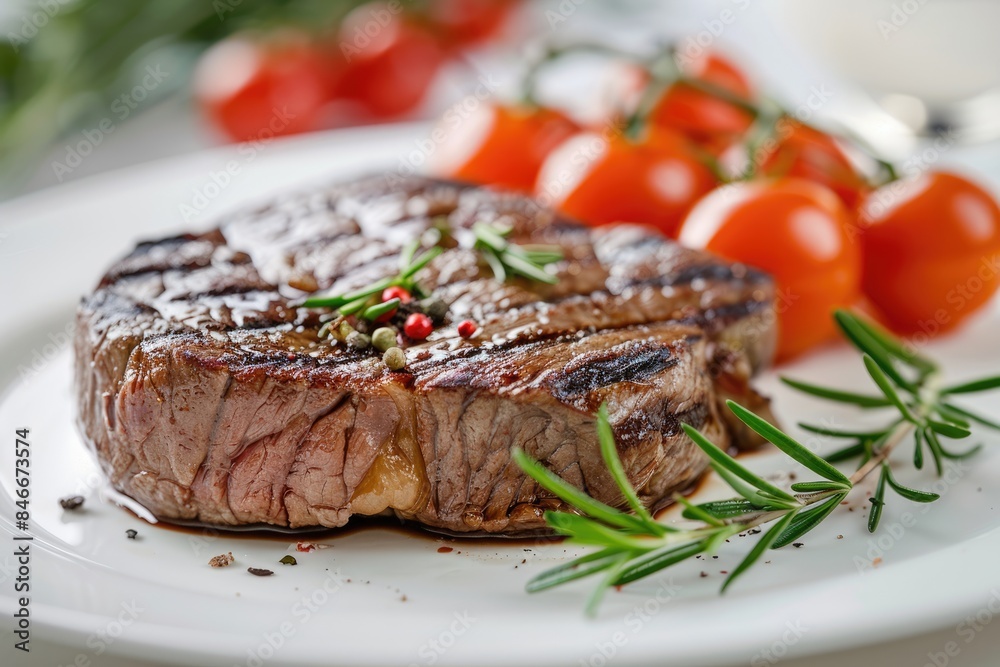 The steak and tomatoes on the wooden board The steak and tomatoes on the wooden board