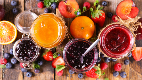 Fotografia assortment of marmalade, jam and fresh fruits- top view