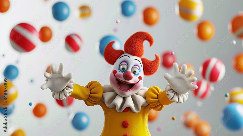 Naklejka premium A 3D cartoon of a funny clown juggling and making faces on a white background