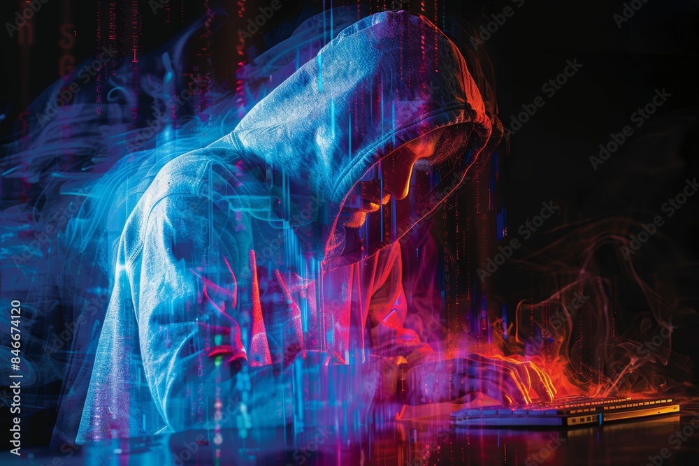 Cybercrime Hacker at Computer with Long Exposure and Digital Motion Blur Cybercrime Hacker at Computer with Long Exposure and Digital Motion Blur