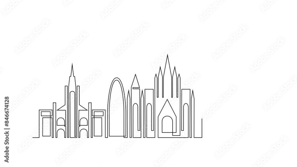 Animated self drawing of Barcelona skyline video illustration. Modern city in Europe in simple linear style video design concept. One of big city in Spain. Iconic architectural building design video. Animated self drawing of Barcelona skyline video illustration. Modern city in Europe in simple linear style video design concept. One of big city in Spain. Iconic architectural building design video.