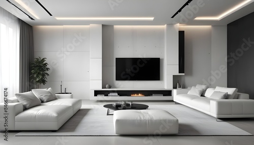 High end modern living room with white leather couch and a large flat screen tv mounted on the wall, brutalist architecture mixed with modern futuristic minimal design