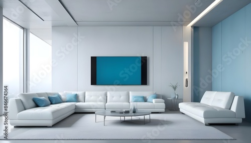High end modern living room with white leather couch and a large flat screen tv mounted on the wall, brutalist architecture mixed with modern futuristic minimal design