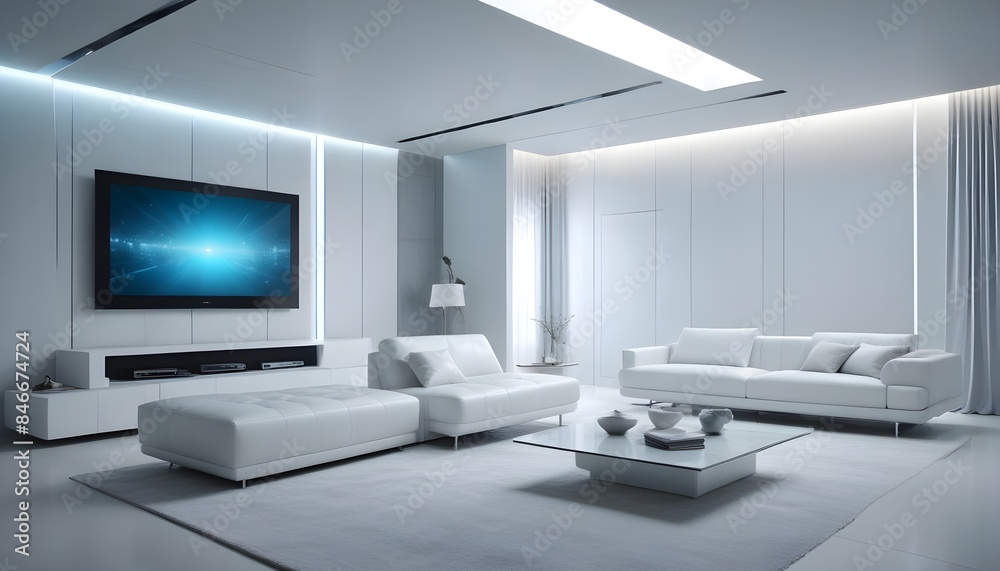 High end modern living room with white leather couch and a large flat screen tv mounted on the wall, brutalist architecture mixed with modern futuristic minimal design High end modern living room with white leather couch and a large flat screen tv mounted on the wall, brutalist architecture mixed with modern futuristic minimal design