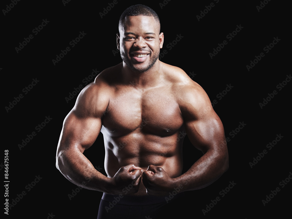 Portrait, flexing muscle and black man in studio with arms for training, workout routine or biceps on dark background. Strong, wellness and shirtless bodybuilder for confidence, arm growth or fitness