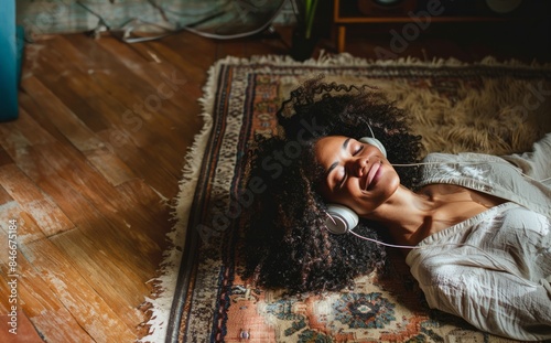 African American Woman Enjoying Music and Relaxing in Her Living Room with a Broad Smile.Generated image