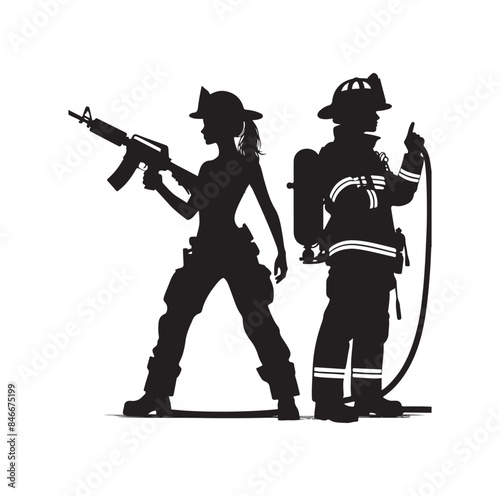 Firefighters pose silhouette vector illustration 