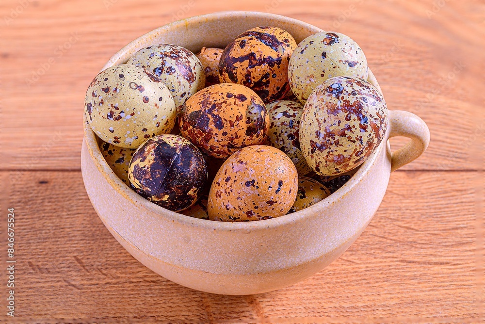AI-generated illustration of a ceramic bowl filled with colorful quail eggs on a wooden table AI-generated illustration of a ceramic bowl filled with colorful quail eggs on a wooden table