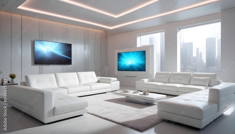 High end modern living room with white leather couch and a large flat screen tv mounted on the wall, brutalist architecture mixed with modern futuristic minimal design High end modern living room with white leather couch and a large flat screen tv mounted on the wall, brutalist architecture mixed with modern futuristic minimal design