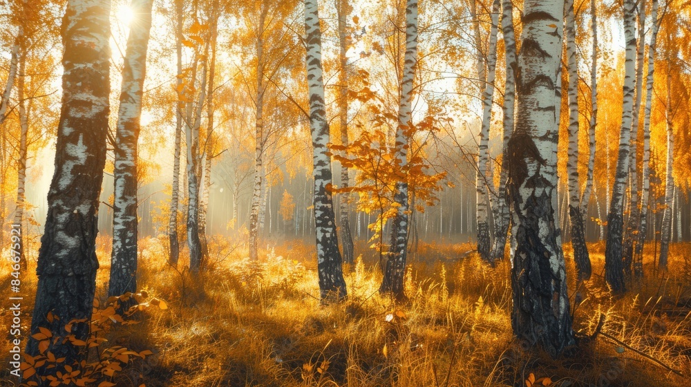 Obraz premium Golden autumn scene of a birch grove with sunlit golden leaves resembling vintage film aesthetics