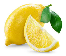 Lemon fruit with leaf isolated png. Lemons slice and a whole with leaves on transparent background. PNG format. Full depth of field.