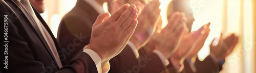 Business professionals clapping hands in appreciation during a meeting or conference, expressing support and encouragement. photo