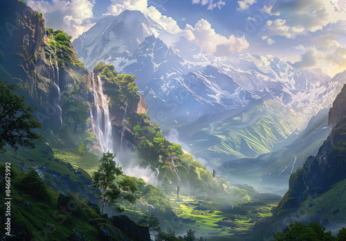 A breathtaking view of the Alps, with majestic mountains and lush greenery