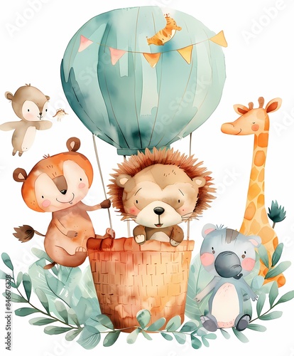 Sweet nursery art watercolor painting wall art for kids, children feature cute cartoon animal in the hot aired balloon background, wallpaper