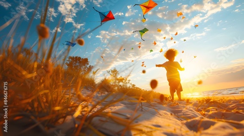 Seaside Soaring: Cheerful Child's Playful Kite Flying Near the Sea