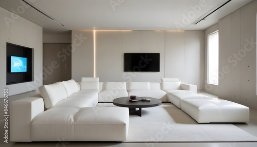 High end modern living room with white leather couch and a large flat screen tv mounted on the wall  brutalist architecture mixed with modern futuristic minimal design