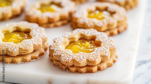Linzer Christmas cookies filled with lemon curd and dusted with sugar on white marble. Generative Ai © we3_food