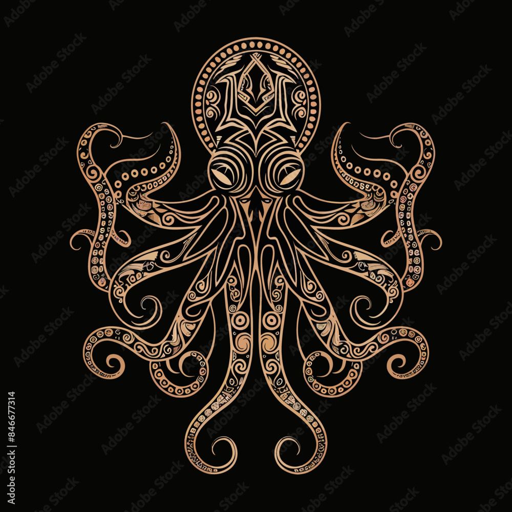 Symmetrical Tribal Brown Octopus Illustration