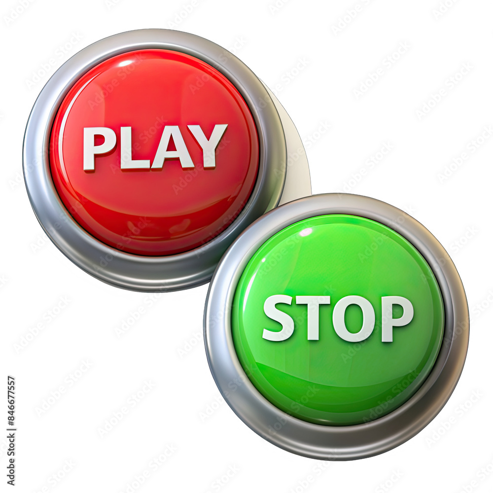 Close-up image of two round buttons, one red with the word PLAY and one green with the word STOP. The buttons appear to be part of a video game interface. Generative AI Close-up image of two round buttons, one red with the word PLAY and one green with the word STOP. The buttons appear to be part of a video game interface. Generative AI