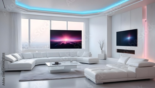 High end modern living room with white leather couch and a large flat screen tv mounted on the wall, brutalist architecture mixed with modern futuristic minimal design