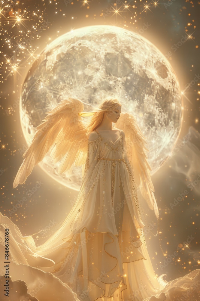 A woman angel is standing in the sky with a golden sun above her head