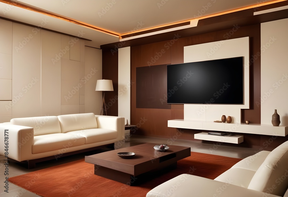 High end modern living room with white leather couch and a large flat screen tv mounted on the wall, brutalist architecture mixed with modern futuristic minimal design High end modern living room with white leather couch and a large flat screen tv mounted on the wall, brutalist architecture mixed with modern futuristic minimal design