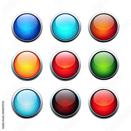 Free Download A set of nine round, colorful buttons with a shiny metallic border. Each button has a different color, creating a visually appealing collection for a website or app. Generative AI - GFXLoad
