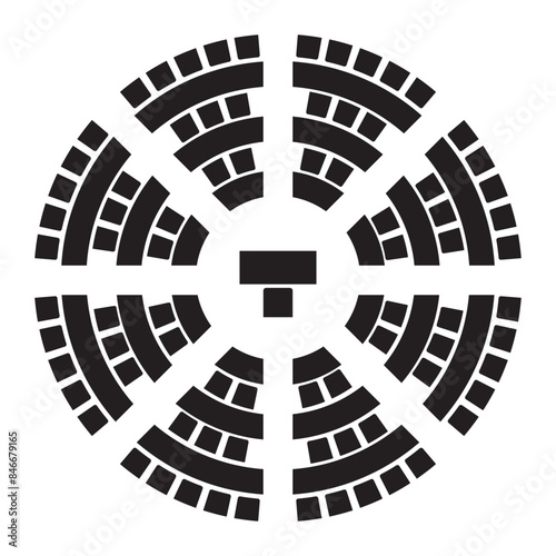 Auditorium seatings plan top view, round or amphitheater arrangment. Schema of seats in lectorium or meeting, conference or parliament. Desks and chairs icons. Vector graphic illustration