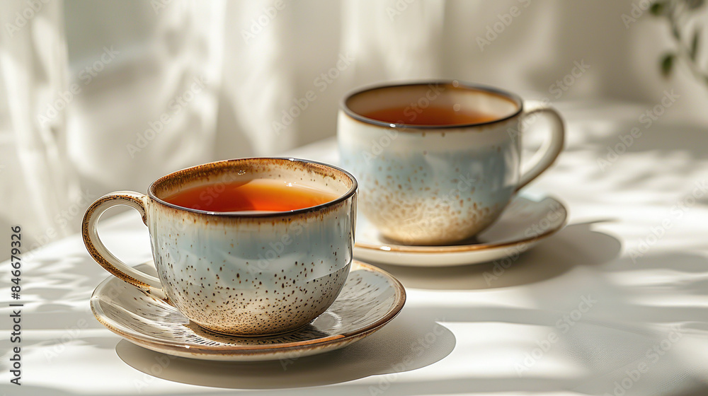 Fototapeta premium Two Cups of Tea on the Table extreme closeup, A Perfect Pairing for Any Moment 