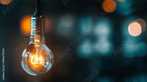 Brightly lit light bulb hanging in the center of a dark room symbolizing a single brilliant idea illuminating the unknown