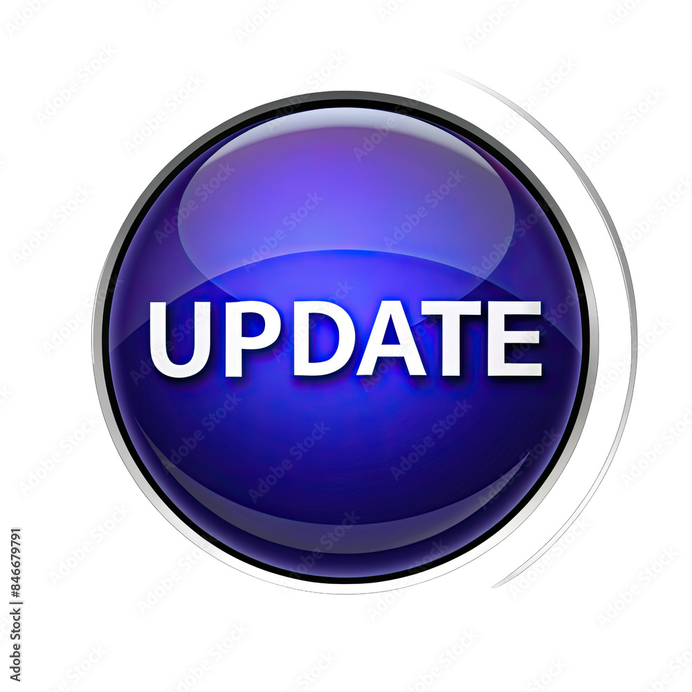 A blue, glossy, circular button with a white border and the word UPDATE in white text. The button is isolated on a white background. Generative AI A blue, glossy, circular button with a white border and the word UPDATE in white text. The button is isolated on a white background. Generative AI