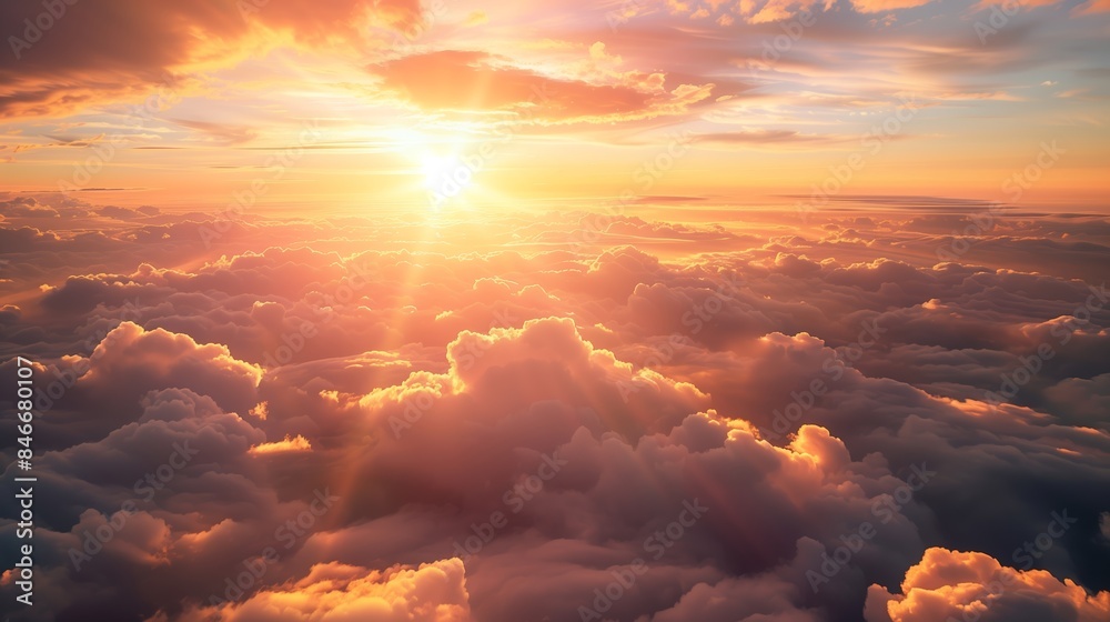 Beautiful sunset above the clouds. Aerial view. Nature background of sky. Cloudy landscape from the window of an airplane. Sunrise. Sun goes into the clouds. Illustration for varied design. Beautiful sunset above the clouds. Aerial view. Nature background of sky. Cloudy landscape from the window of an airplane. Sunrise. Sun goes into the clouds. Illustration for varied design.