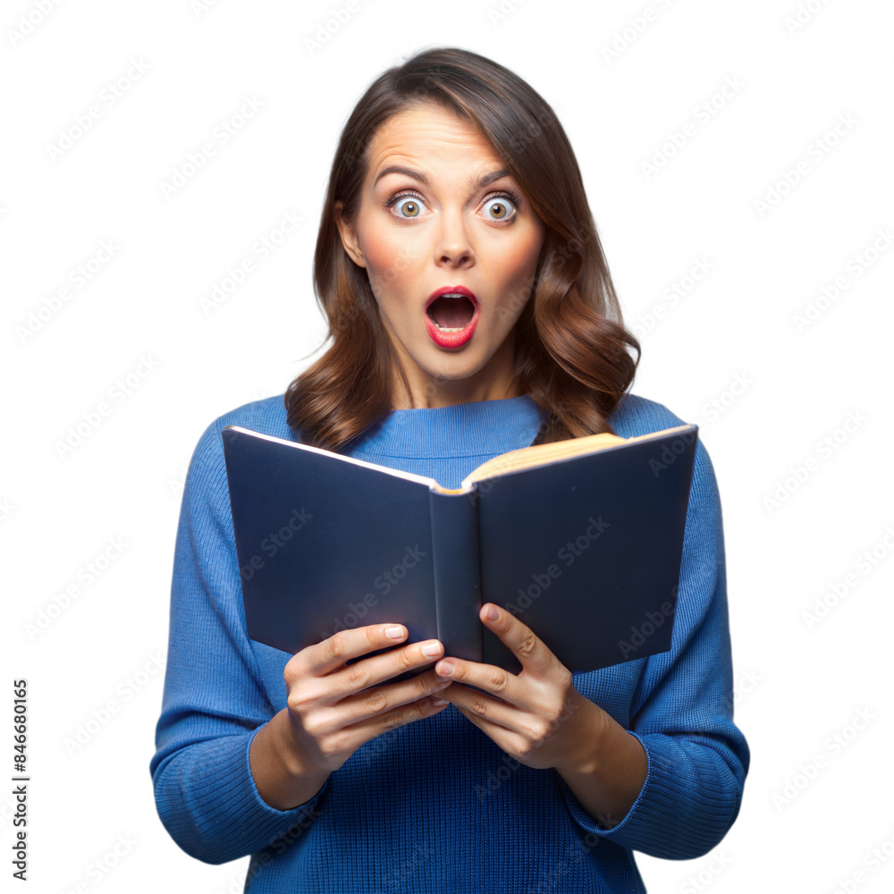Woman surprised while reading book on transparent background Woman surprised while reading book on transparent background