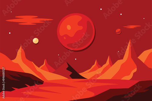 Mars. Beautiful Martian landscape with mountains. Amazing view of the crater against the backdrop of red mountains and rocks. Vector illustration for design