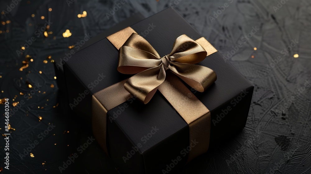 Black Gift Box With Gold Bow. Black Gift Box With Gold Bow.