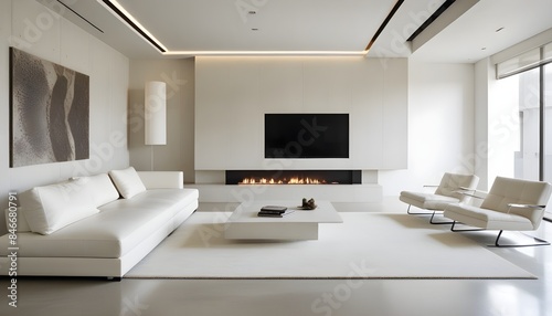 High end modern living room with white leather couch and a large flat screen tv mounted on the wall, brutalist architecture mixed with modern futuristic minimal design