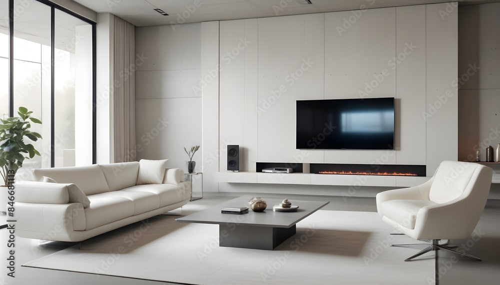 High end modern living room with white leather couch and a large flat screen tv mounted on the wall, brutalist architecture mixed with modern futuristic minimal design High end modern living room with white leather couch and a large flat screen tv mounted on the wall, brutalist architecture mixed with modern futuristic minimal design