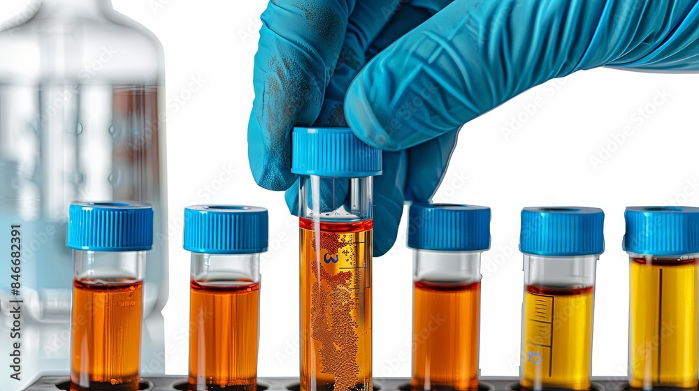 Hand with glove holding vial of colored liquid sample Hand with glove holding vial of colored liquid sample