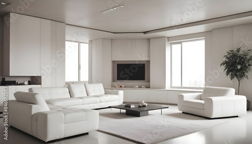 High end modern living room with white leather couch and a large flat screen tv mounted on the wall, brutalist architecture mixed with modern futuristic minimal design