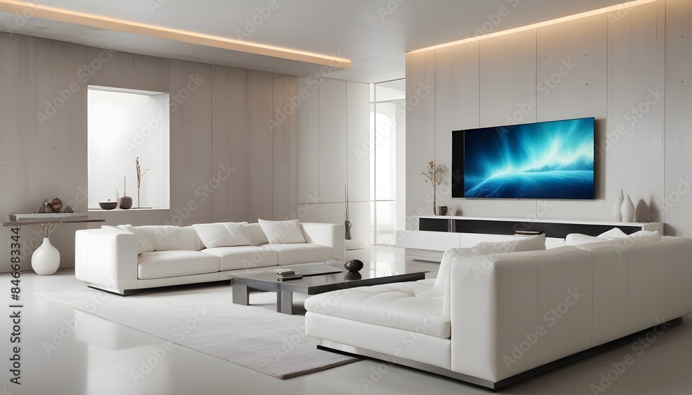 High end modern living room with white leather couch and a large flat screen tv mounted on the wall, brutalist architecture mixed with modern futuristic minimal design High end modern living room with white leather couch and a large flat screen tv mounted on the wall, brutalist architecture mixed with modern futuristic minimal design
