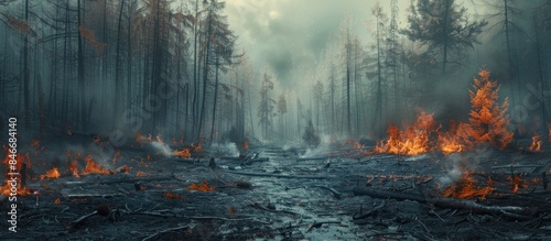 Eerie scene of burnt trees standing tall in a desolate landscape following a devastating forest fire photo
